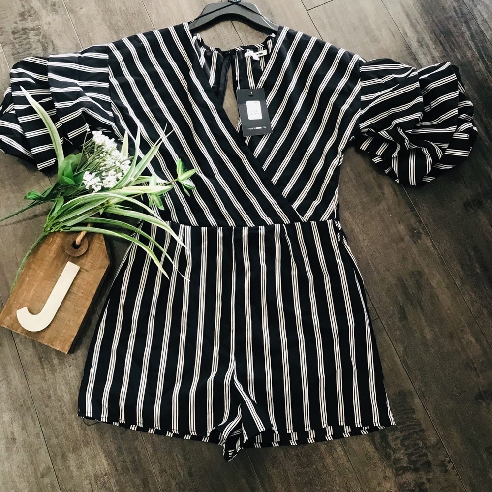 NWT Fashion Nova Black and White Strip Short Romper